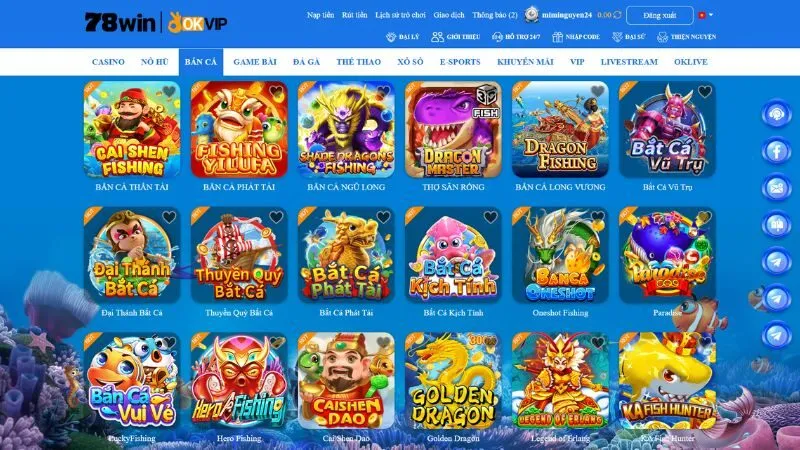 Đa dạng các tựa game bắn cá tại nhà cái 78win