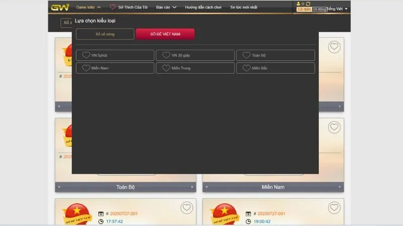 Sản phẩm xổ số chủ lực tại sảnh GW Lobby